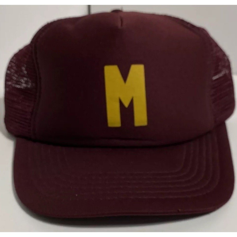 Vintage Maroon Trucker Hat Yellow M Block Letter Mesh Back Snapback Cap Mens ML‎